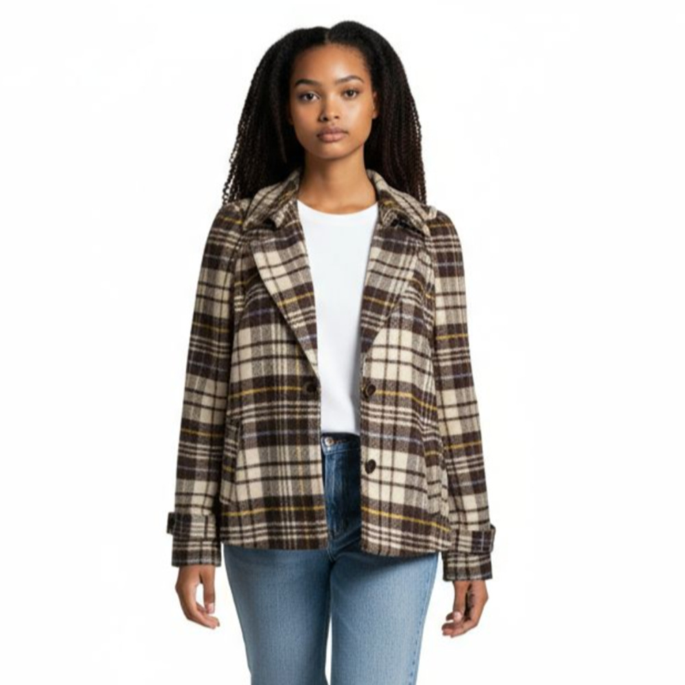 Charter Club Y2K Brown Plaid Wool Blend Short Swing Pea Coat Raglan Sleeves Sz L